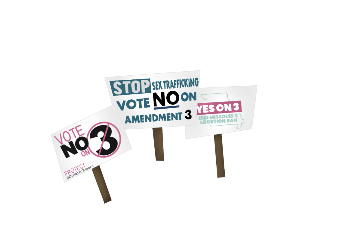 A series of pro-choice and pro-life signs in Missouri before the passage of Amendment 3.